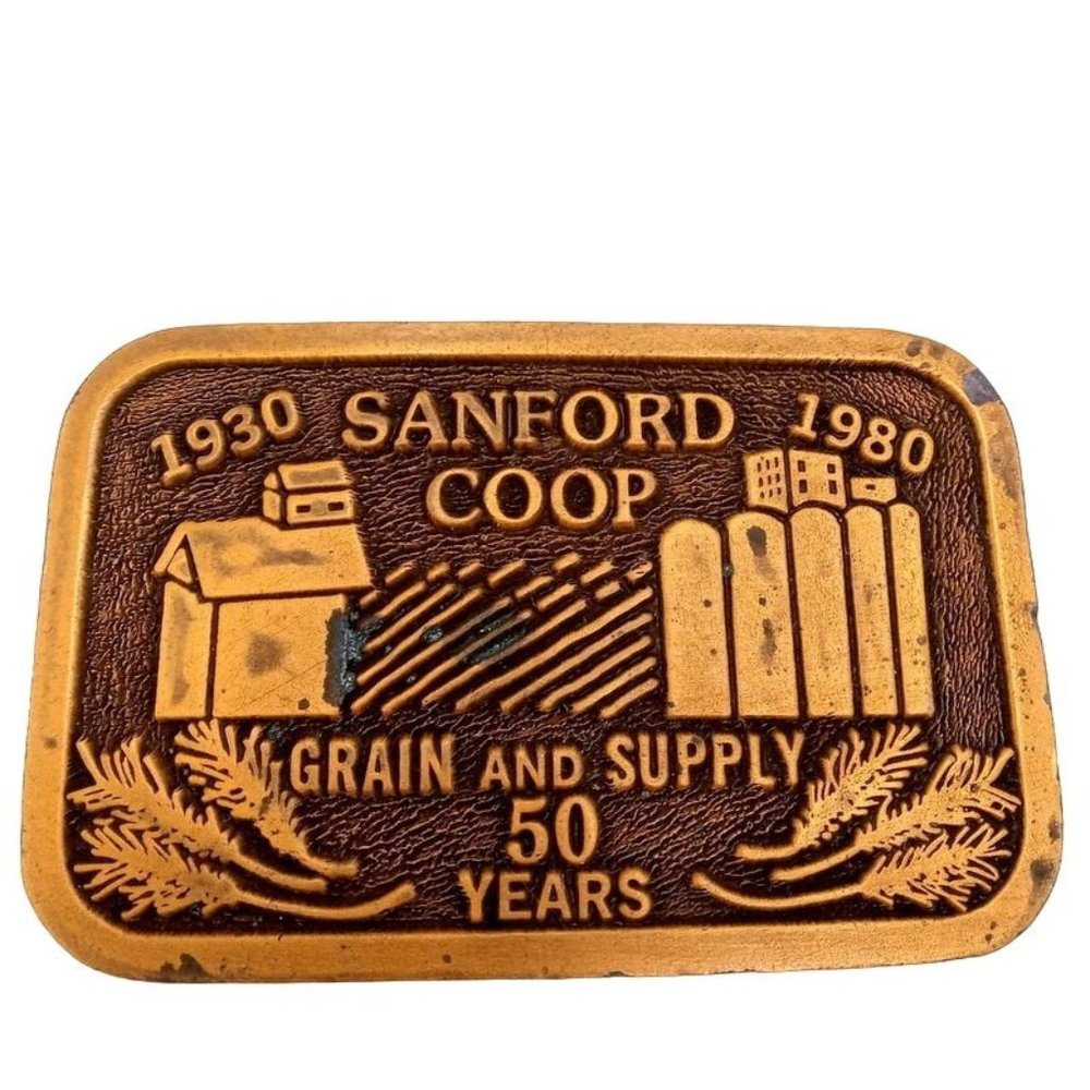 Larned Kansas Belt Buckle Sanford Coop Vintage 1980 KS 50 Years Grain Supply